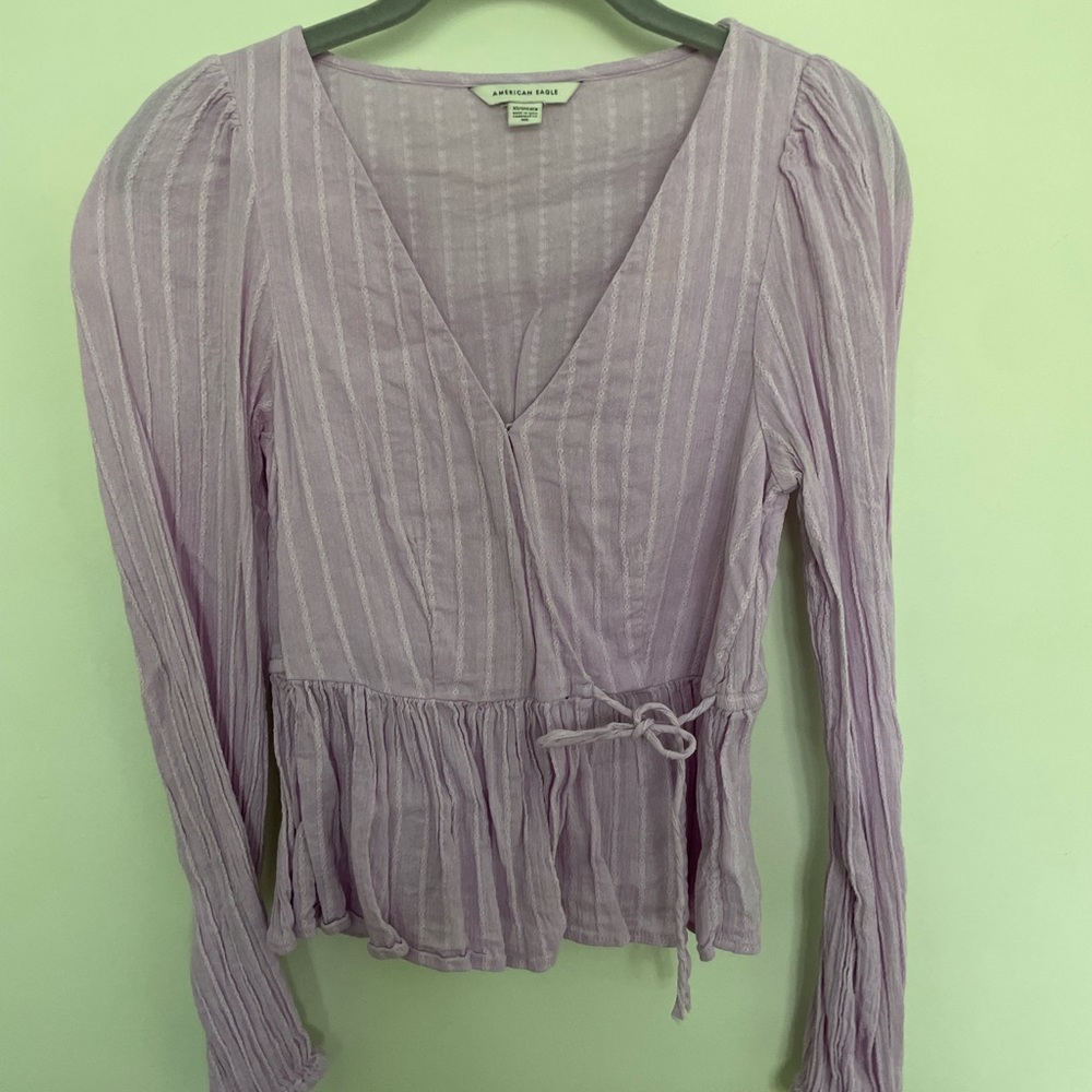 purple wrap/tie blouse